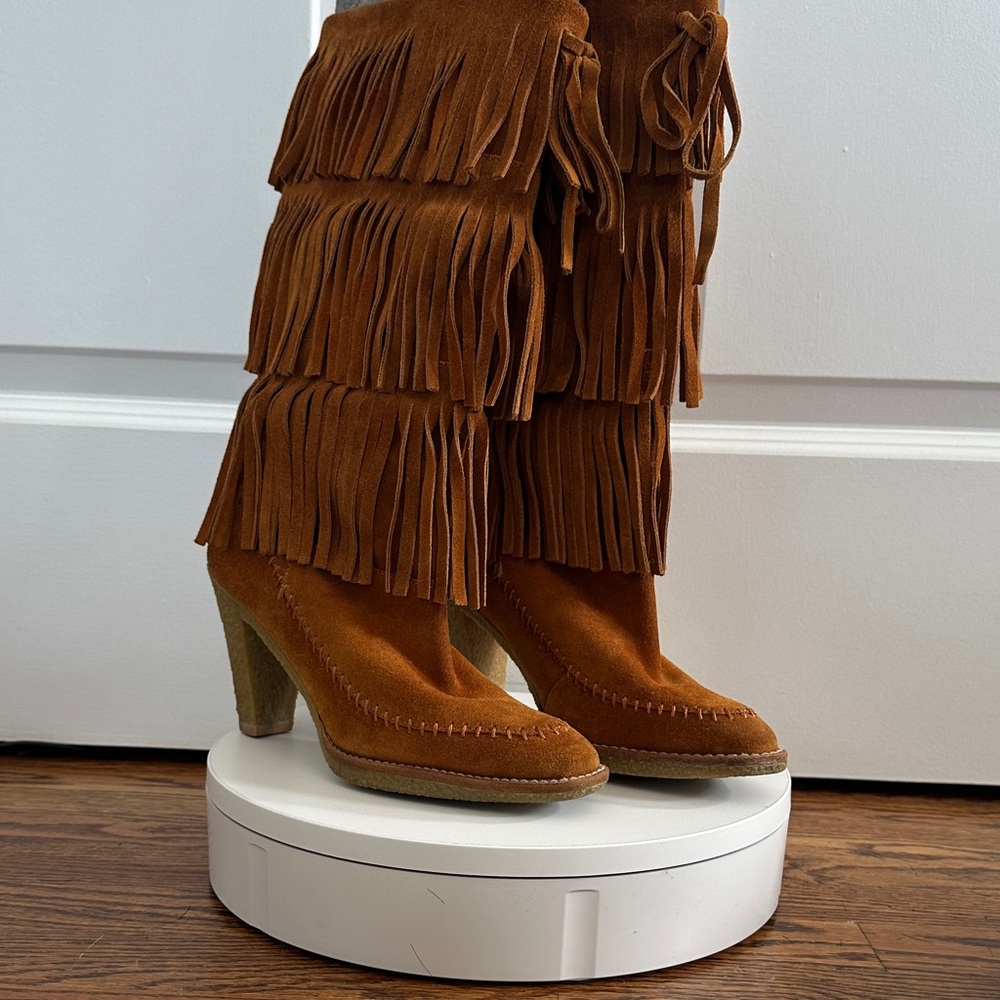Michael Kors Brown Fringe Suede Boots Tiered Western Leather Bohemian Size 7